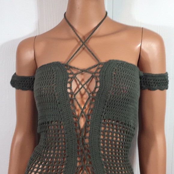 Khaki Green Boho Off Shoulder Dress Crochet - Picture 5 of 8